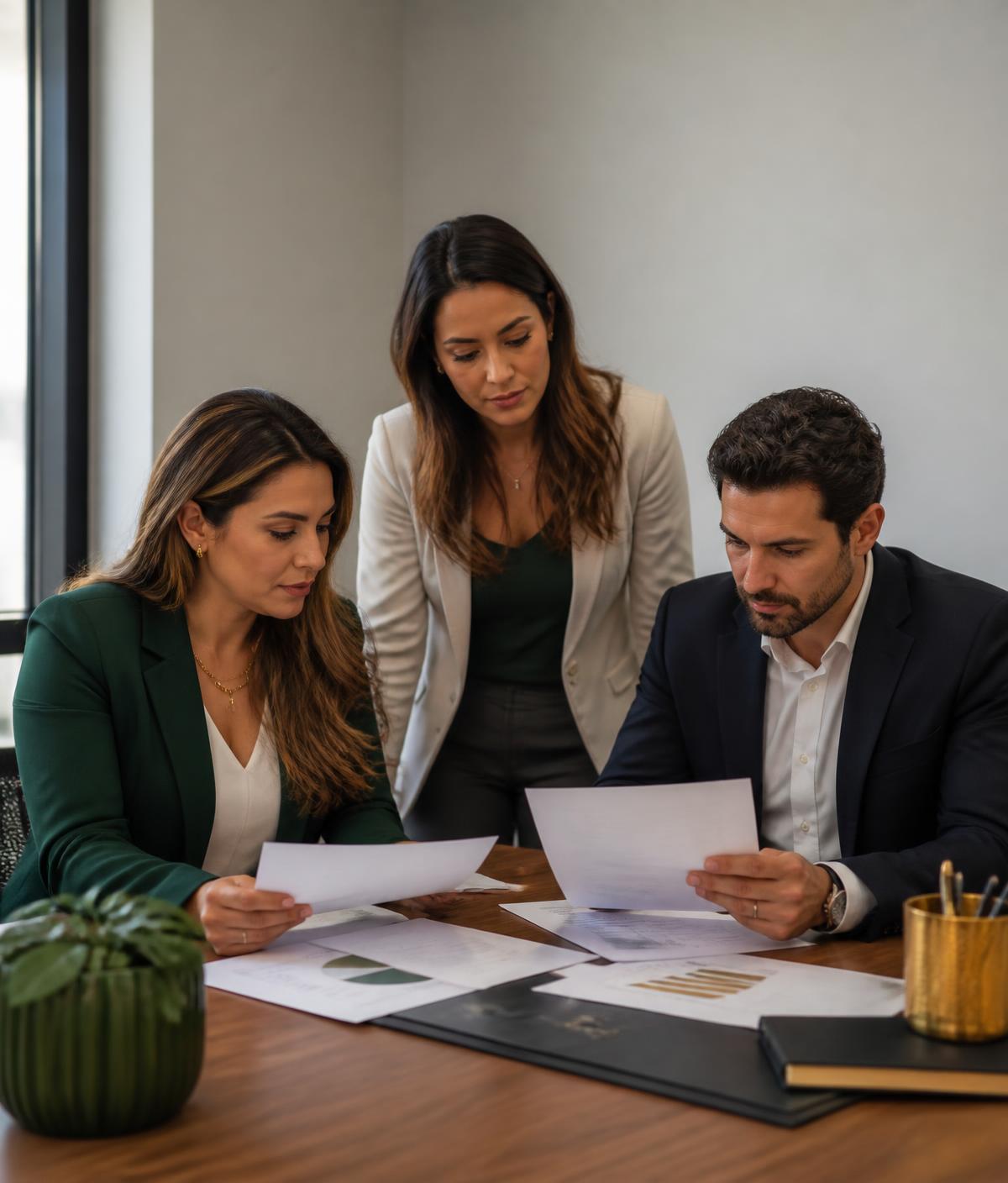 Profissionais da E.S.L & Empreendimentos analisando relatórios em ambiente corporativo